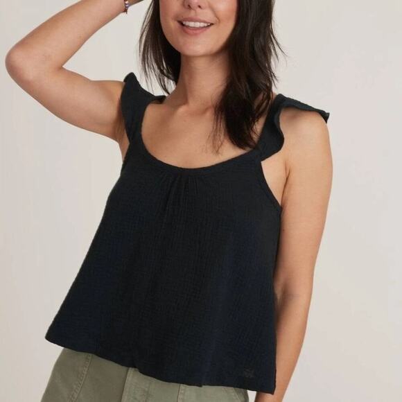 Marine Layer Jude Tank Top Ruffle Flutter Sleeve Crinkled Cotton Black NWT Large - Picture 1 of 8
